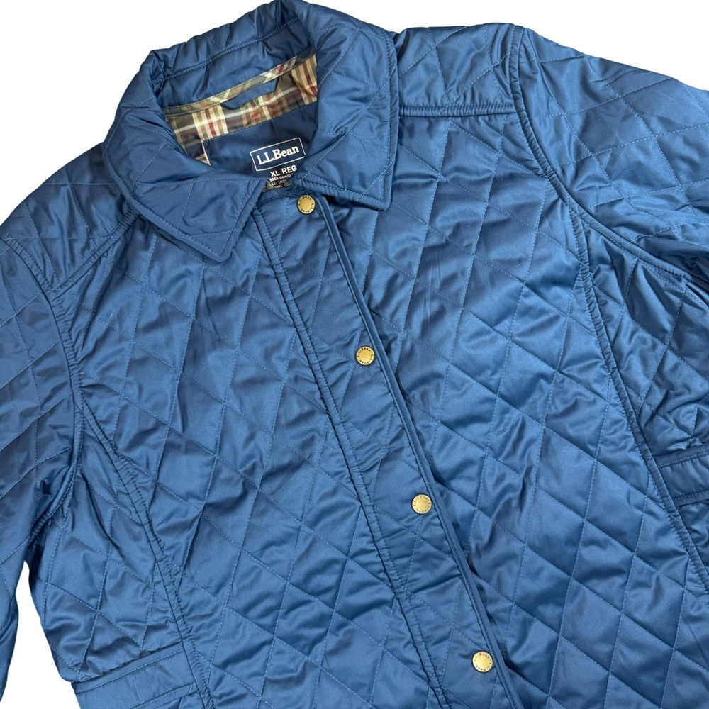 LL Bean Quilted Riding Jacket Women XL Blue Plaid Lined Corduroy Trim Chore Coat